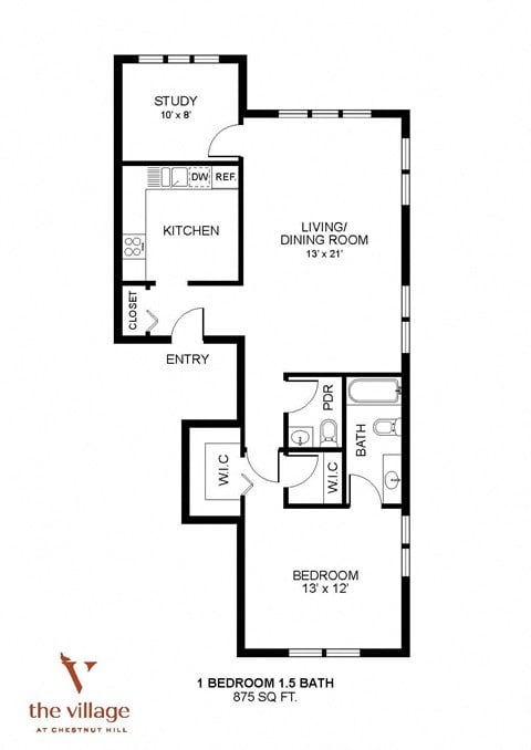 Floor plan for 1 bed, 1.5 baths, 875 sqft